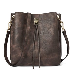 A brown leather shoulder bag with a drawstring closure and gold-tone hardware.