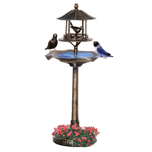 Bird bath with a two-tier design featuring small bird figurines, a pagoda-style roof, and a floral base.