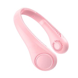 A pink, wearable neck fan with a sleek, horseshoe design equipped with ventilation slots and two small fan outlets, featuring three adjustable speed settings for personalized airflow.