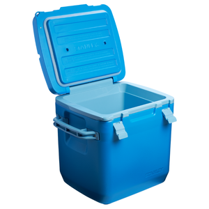 Stanley 30-Quart Outdoor Cooler in bright blue, featuring a sturdy handle, a secure latch system, and an insulated interior to keep contents cold.