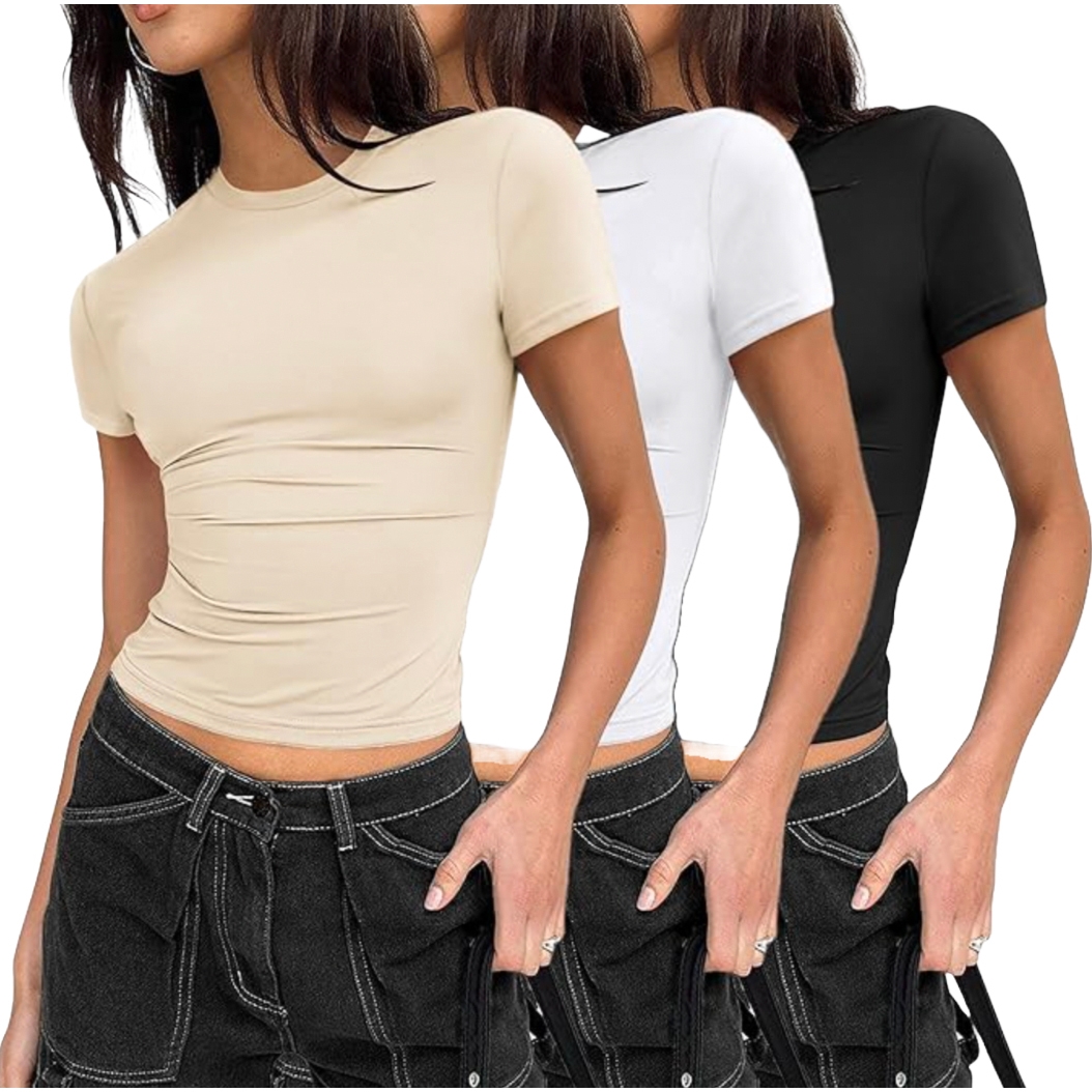 A set of three women's summer tees in beige, white, and black, featuring short sleeves and a fitted design. They are paired with black denim shorts with visible stitching and a drawstring detail.