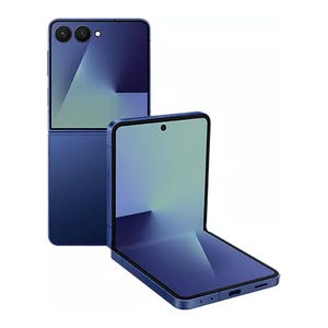 Foldable smartphone in blue, displayed partially open and fully closed, showing dual rear cameras and a hinge design.