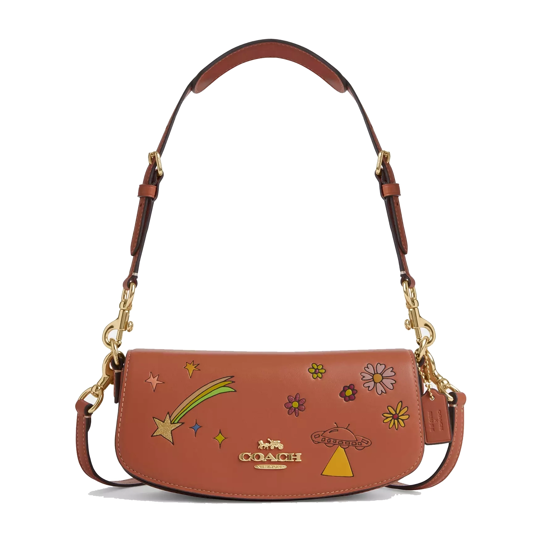 A brown Coach shoulder bag with a detachable strap, adorned with star, flower, and comet illustrations.