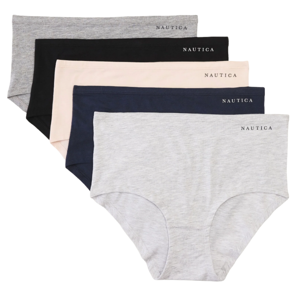 A set of five women's hipster panties in various colors, featuring a simple design with \“Nautica\“ printed on the waistband. Colors include gray, black, pink, navy, and light gray.