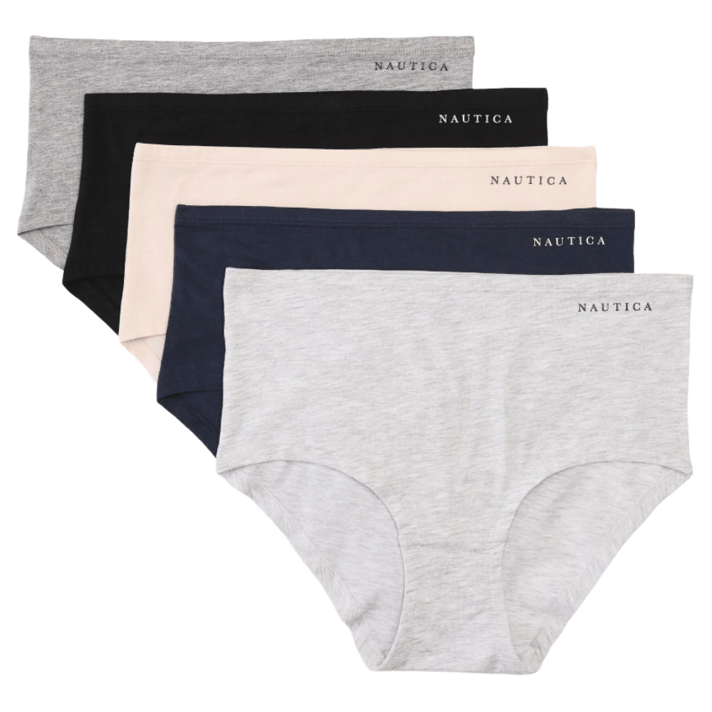 A set of five women's hipster panties in various colors, featuring a simple design with \“Nautica\“ printed on the waistband. Colors include gray, black, pink, navy, and light gray.