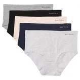 A set of five women's hipster panties in various colors, featuring a simple design with \“Nautica\“ printed on the waistband. Colors include gray, black, pink, navy, and light gray.