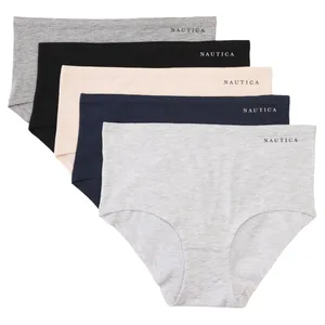 A set of five women's hipster panties in various colors, featuring a simple design with \“Nautica\“ printed on the waistband. Colors include gray, black, pink, navy, and light gray.