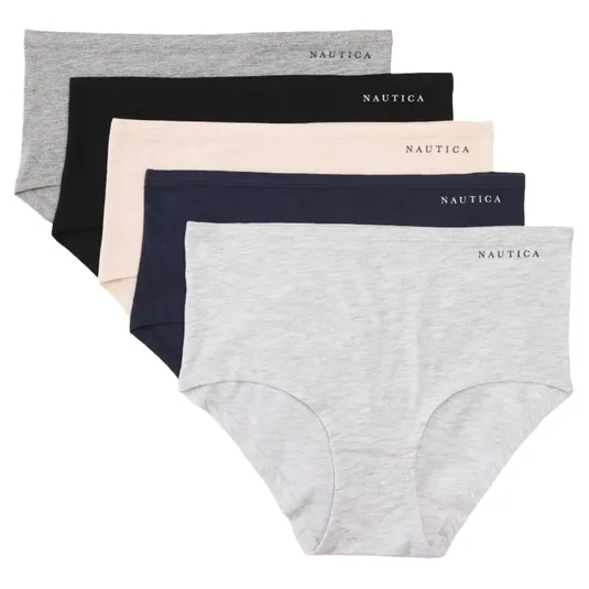 A set of five women's hipster panties in various colors, featuring a simple design with \“Nautica\“ printed on the waistband. Colors include gray, black, pink, navy, and light gray.