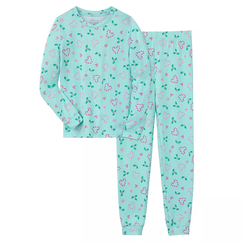 A light blue girls' pajama set with a long-sleeve top and pants, featuring a pattern of pink and white hearts with green leaves scattered throughout.