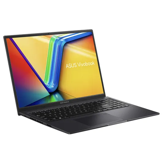 ASUS Vivobook laptop with a colorful screen display and a black keyboard.