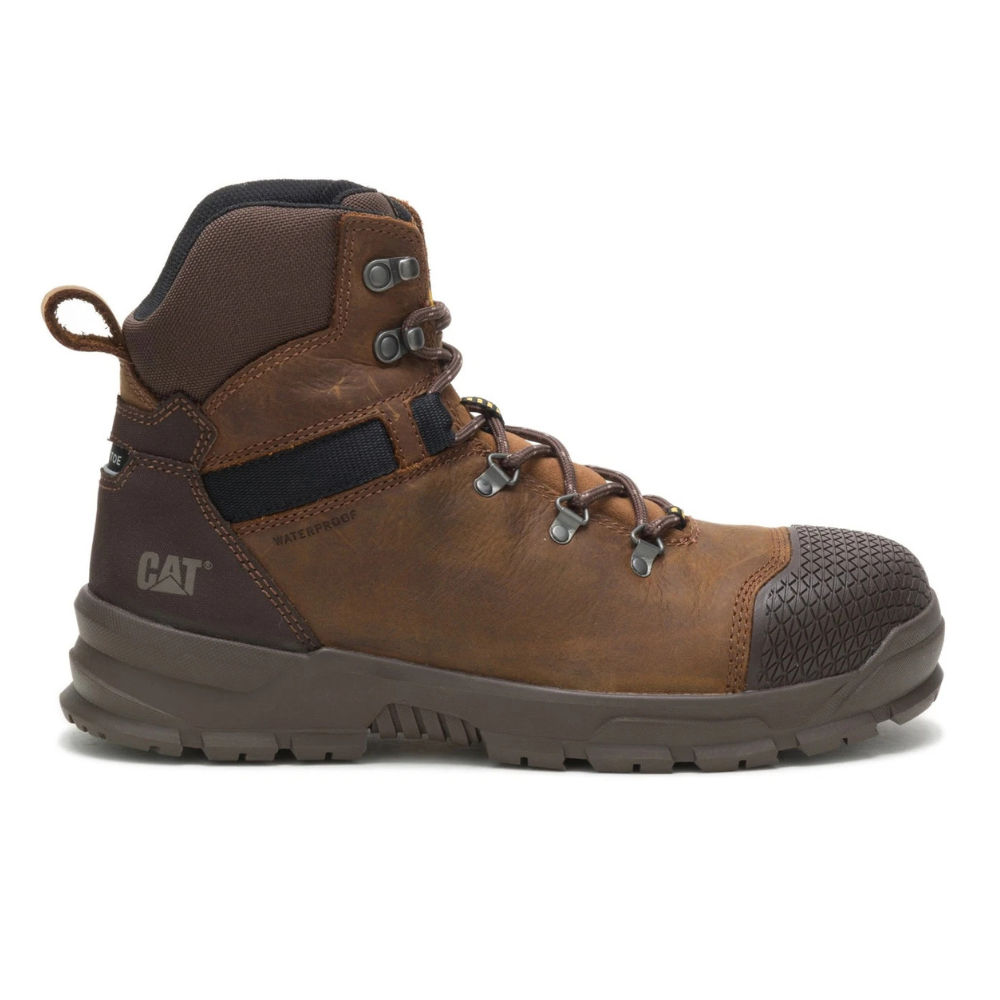 Brown waterproof work boot with a reinforced toe, sturdy laces, and a durable sole, branded with \“CAT\“ on the heel.