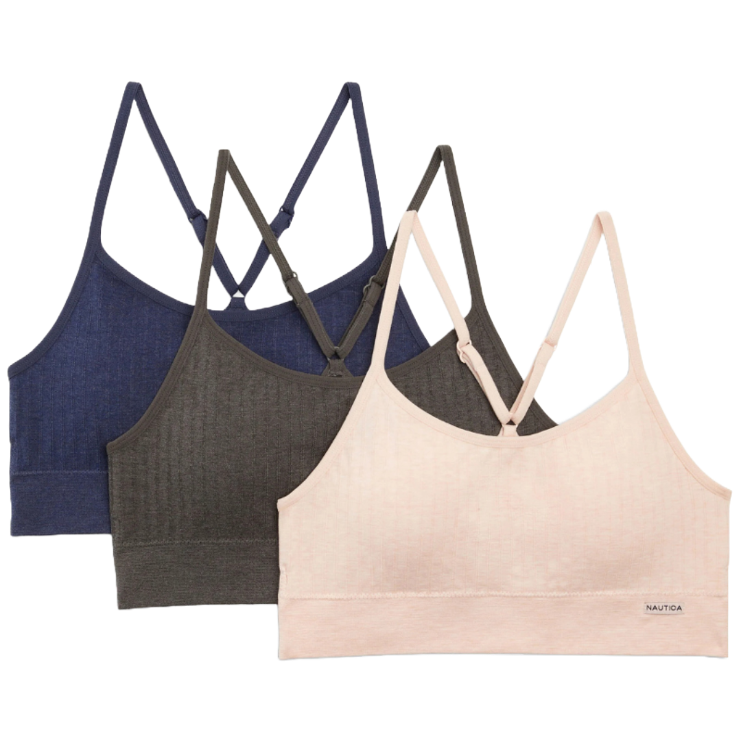 The 3-pack Nautica Seamless Ribbed Bras feature adjustable straps and come in navy, dark gray, and light pink. They are designed for comfort with a smooth, ribbed texture and subtle branding on the front.