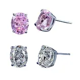 Two pairs of oval stud earrings are displayed, one set with light pink stones and the other set with clear stones, each in a prong setting with metallic backs.