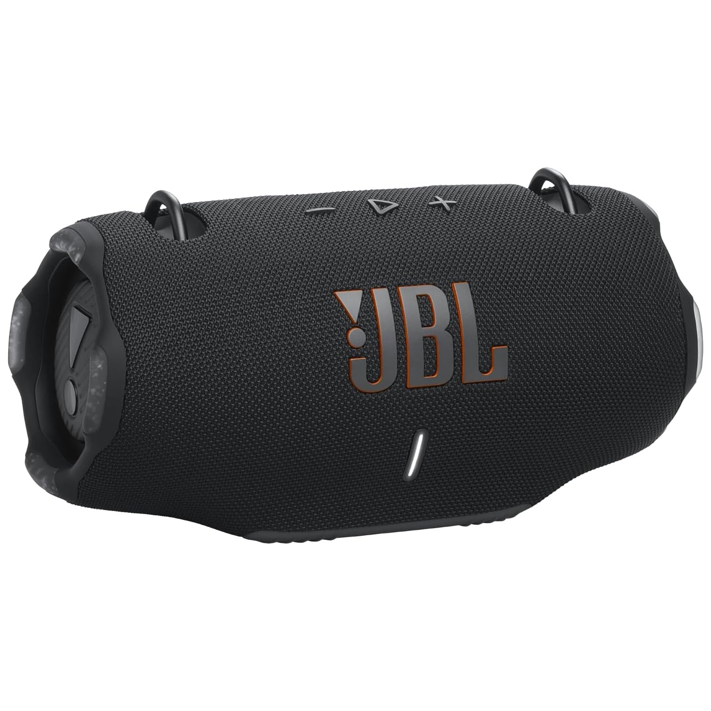 A black JBL portable Bluetooth speaker with a textured exterior and control buttons on top.