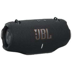 A black JBL portable Bluetooth speaker with a textured exterior and control buttons on top.
