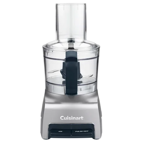 Cuisinart food processor with a clear plastic bowl, lid, and black handle, featuring two buttons labeled \“On\“ and \“Pulse/Off.\“