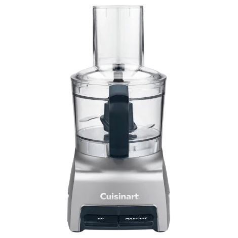 Cuisinart food processor with a clear plastic bowl, lid, and black handle, featuring two buttons labeled \“On\“ and \“Pulse/Off.\“