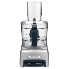 Cuisinart food processor with a clear plastic bowl, lid, and black handle, featuring two buttons labeled \“On\“ and \“Pulse/Off.\“