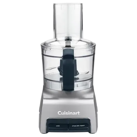 Cuisinart food processor with a clear plastic bowl, lid, and black handle, featuring two buttons labeled \“On\“ and \“Pulse/Off.\“