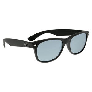 Black sunglasses with a classic wayfarer design, featuring light blue-tinted lenses and a small logo on the side of the frame.