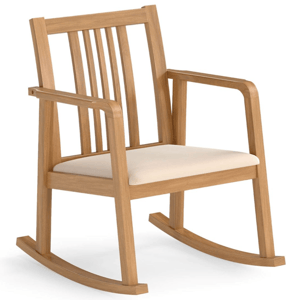 A wooden rocking chair with a light cushion seat, featuring a slatted backrest and simple armrests, designed for comfort and style.