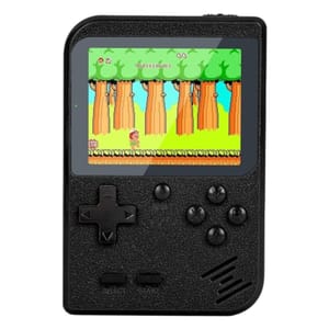 A compact black handheld game console with a retro design, featuring a D-pad, four action buttons, and select/start buttons. The screen displays a colorful pixelated game scene with a character running through a forest.