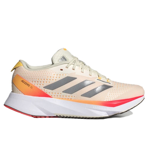 Adidas Adizero SL running shoe in a beige and pink colorway with gray stripes, featuring a cushioned white midsole.
