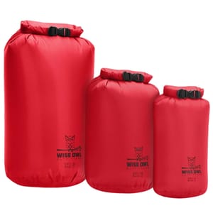 Red Wise Owl Outfitters dry bags in three sizes, featuring roll-top closures and a logo with an owl graphic.