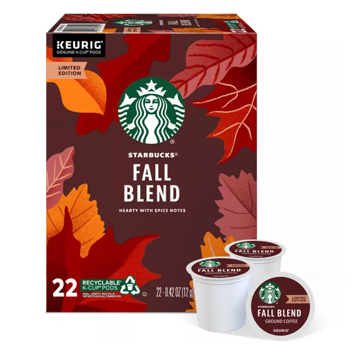 This is a box of Starbucks Fall Blend Keurig K-Cups, a limited edition coffee with 22 recyclable pods featuring a design with autumn leaves. The box indicates the coffee has hearty spice notes.