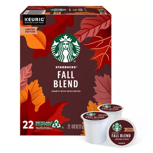 This is a box of Starbucks Fall Blend Keurig K-Cups, a limited edition coffee with 22 recyclable pods featuring a design with autumn leaves. The box indicates the coffee has hearty spice notes.