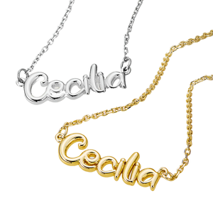 Two personalized name necklaces spelling \“Cecilia,\“ one in silver and one in gold color.