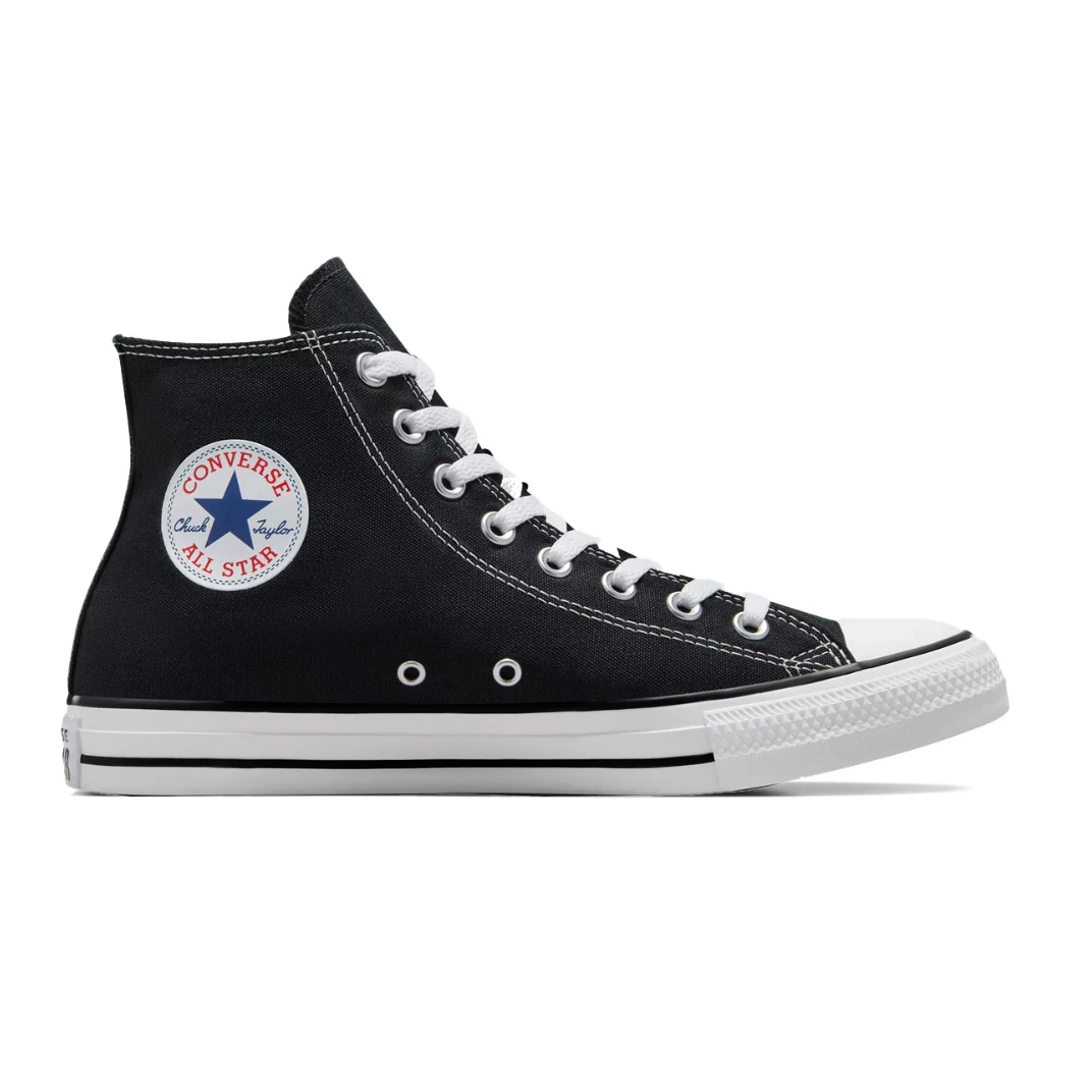 A black Converse Chuck Taylor All Star high-top sneaker with white laces and a rubber sole, featuring the classic logo patch on the ankle.