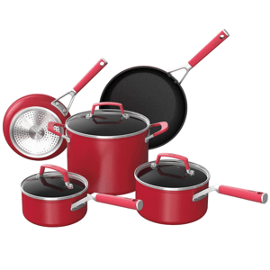 A red nonstick cookware set, including a frying pan, two saucepans with lids, and a large pot with a lid, all featuring stainless steel handles and bases.