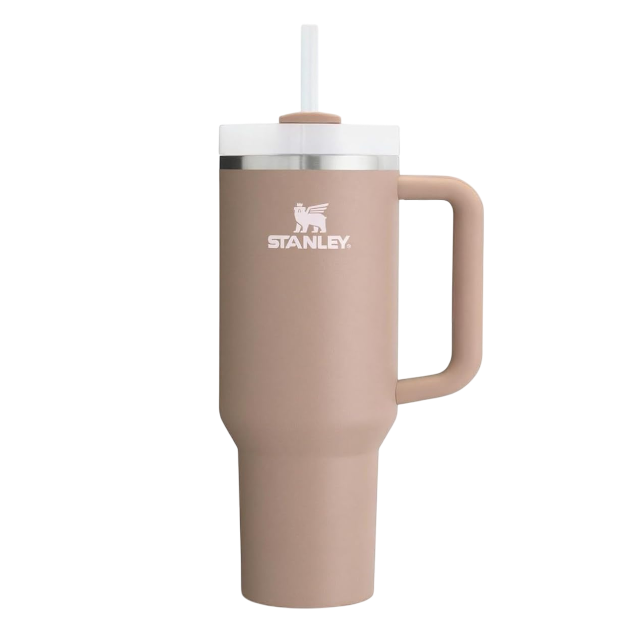 A taupe Stanley tumbler with a handle and straw, featuring a logo and a stainless steel rim.