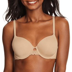 Maidenform One Fab Fit Shaping Bra in a beige color features smooth, underwire cups for shaping with adjustable straps and a subtle lace detail at the center.