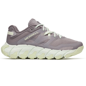 Merrell athletic shoe in a light purple color features a chunky off-white sole with mesh and synthetic overlays. The shoe includes a lace-up closure and the Merrell logo on the side.