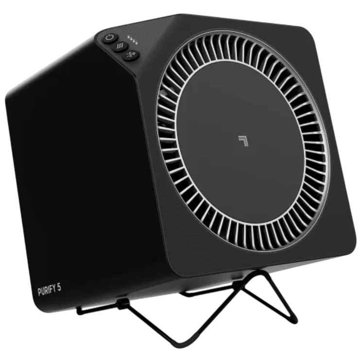 A black air purifier with a circular vent design and controls on the top, marked \“PURIFY 5,\“ is supported by a stand.
