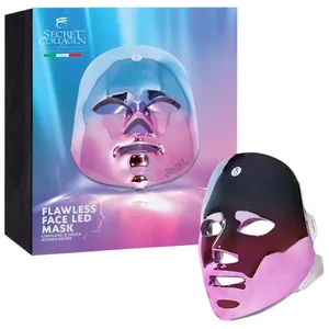 Flawless Face LED Mask with color LED light therapy for skin treatment, branded as Secret Collagen, shown with its packaging.