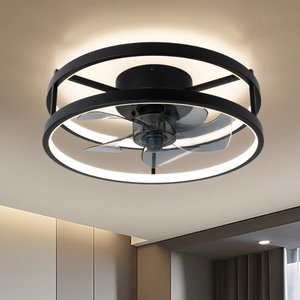 Ceiling-mounted fan with LED lighting, featuring a sleek, modern design with a black circular frame and transparent blades.