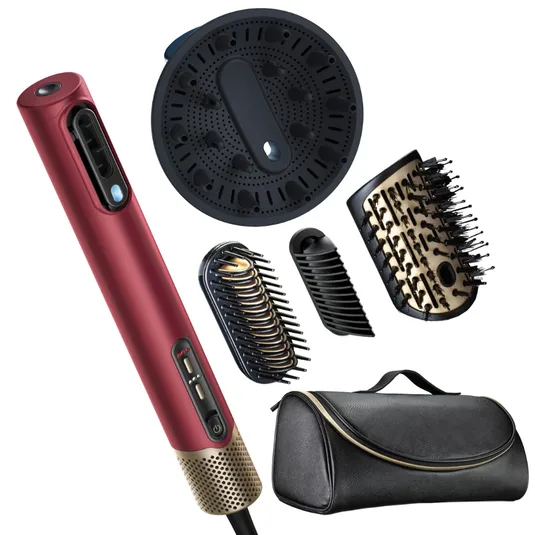Hair styling set with a red styling wand, diffuser, various brush attachments, and a travel case.