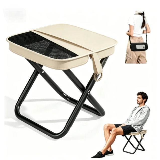A portable folding stool with a beige seat and black metal frame, designed for easy carrying. It can double as a compact shoulder bag for convenience.
