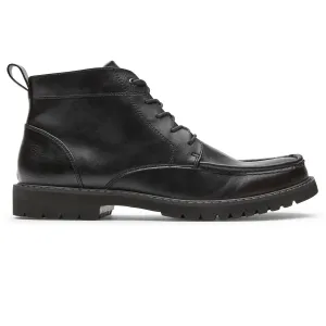 The Rockport Kevan Boots are black leather ankle-length boots with a lace-up design, a rounded moc toe, and a sturdy lug sole for grip.