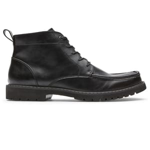 The Rockport Kevan Boots are black leather ankle-length boots with a lace-up design, a rounded moc toe, and a sturdy lug sole for grip.