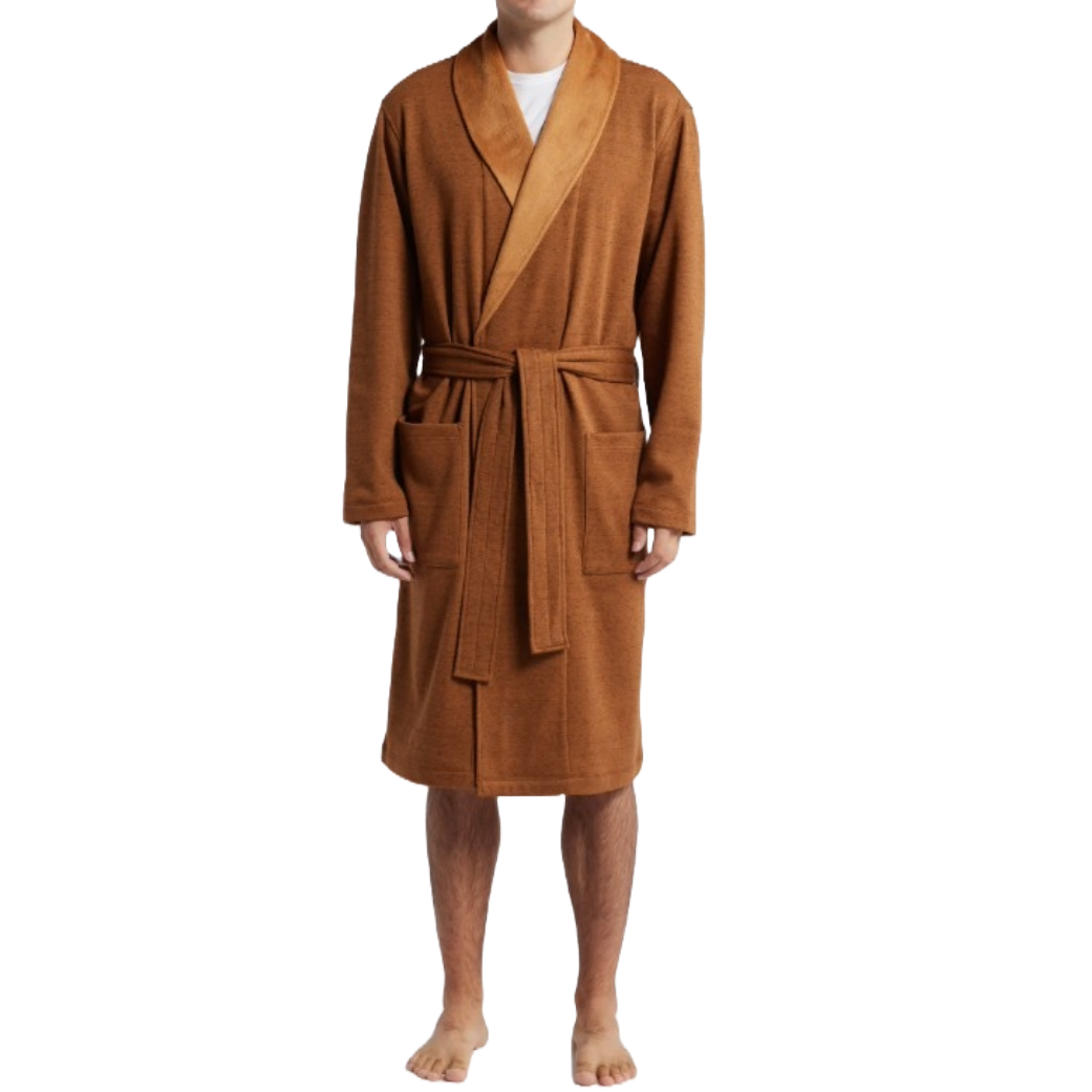 UGG Men's Robe is a knee-length, brown robe with a shawl collar, waist tie, and two front pockets.