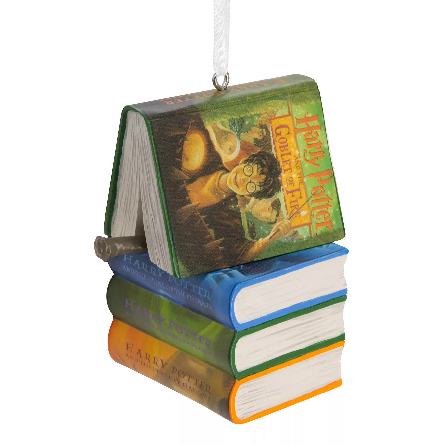 A hanging ornament featuring a stack of miniature \“Harry Potter\“ book replicas, with \“Goblet of Fire\“ open on top and a small wand on the side.