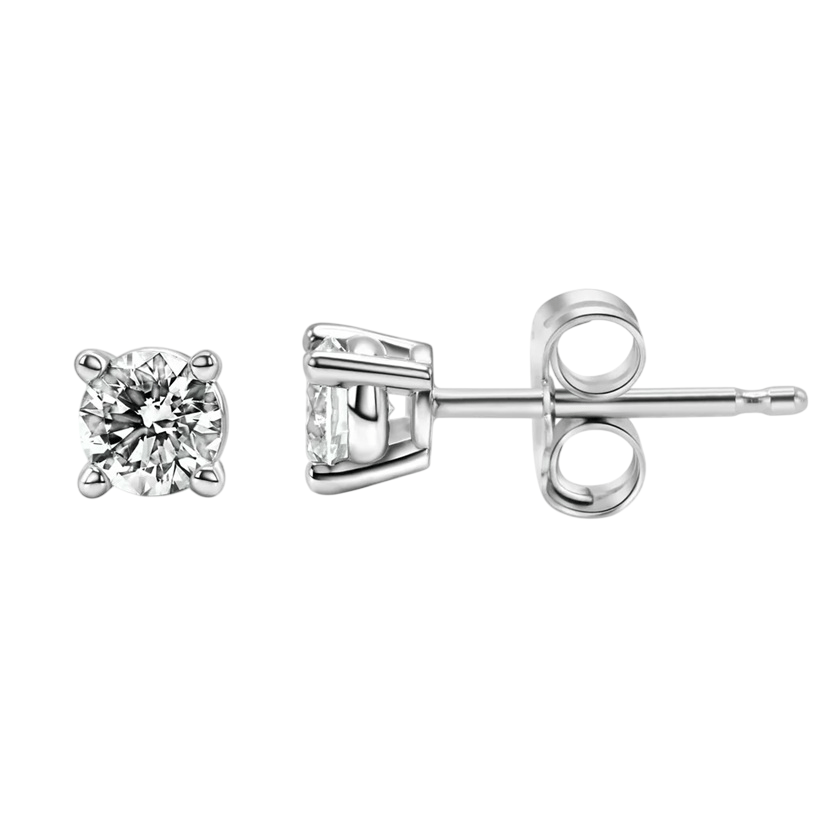 A pair of round diamond stud earrings set in a four-prong white metal mount with butterfly backs, showcasing a simple and classic design.