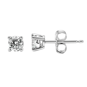 A pair of round diamond stud earrings set in a four-prong white metal mount with butterfly backs, showcasing a simple and classic design.