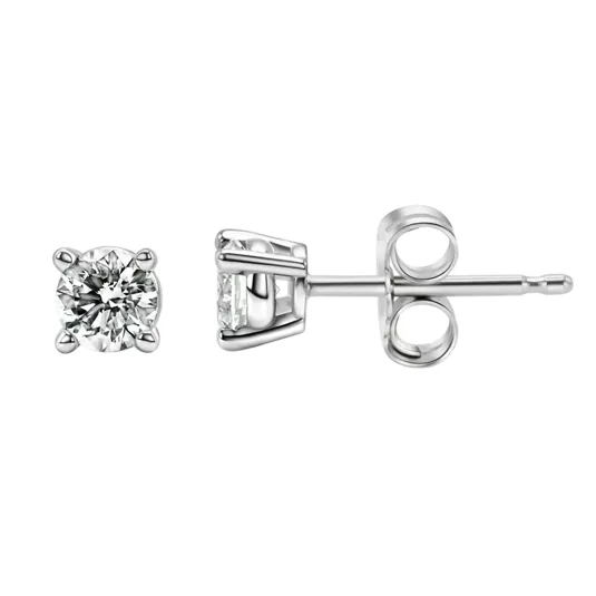 A pair of round diamond stud earrings set in a four-prong white metal mount with butterfly backs, showcasing a simple and classic design.