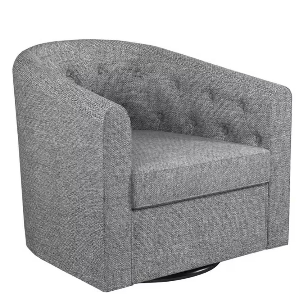Gray swivel upholstered barrel chair with a tufted back, curved design, and padded seat for comfort, featuring a textured fabric and a round, swiveling black base.