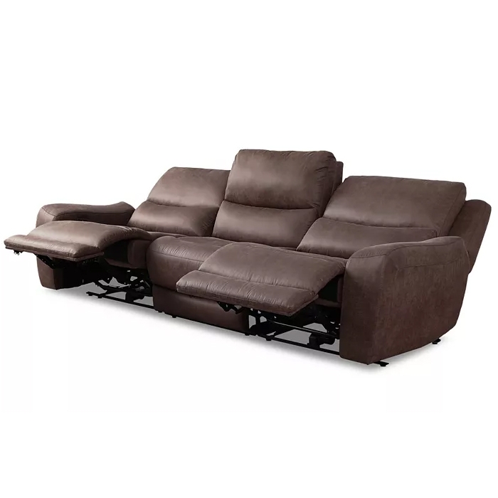 A brown 3-piece modular sofa with plush cushioning features two recliner seats on each end, extending footrests, and wide armrests.